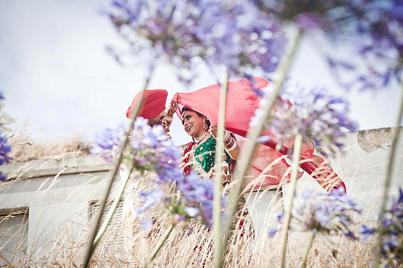 Indian Bride and Groom through bush